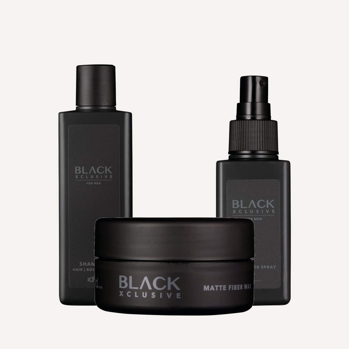 IdHAIR Black Xclusive Herrapakki – sjampó, saltvatnssprey og Matte Fiber Wax