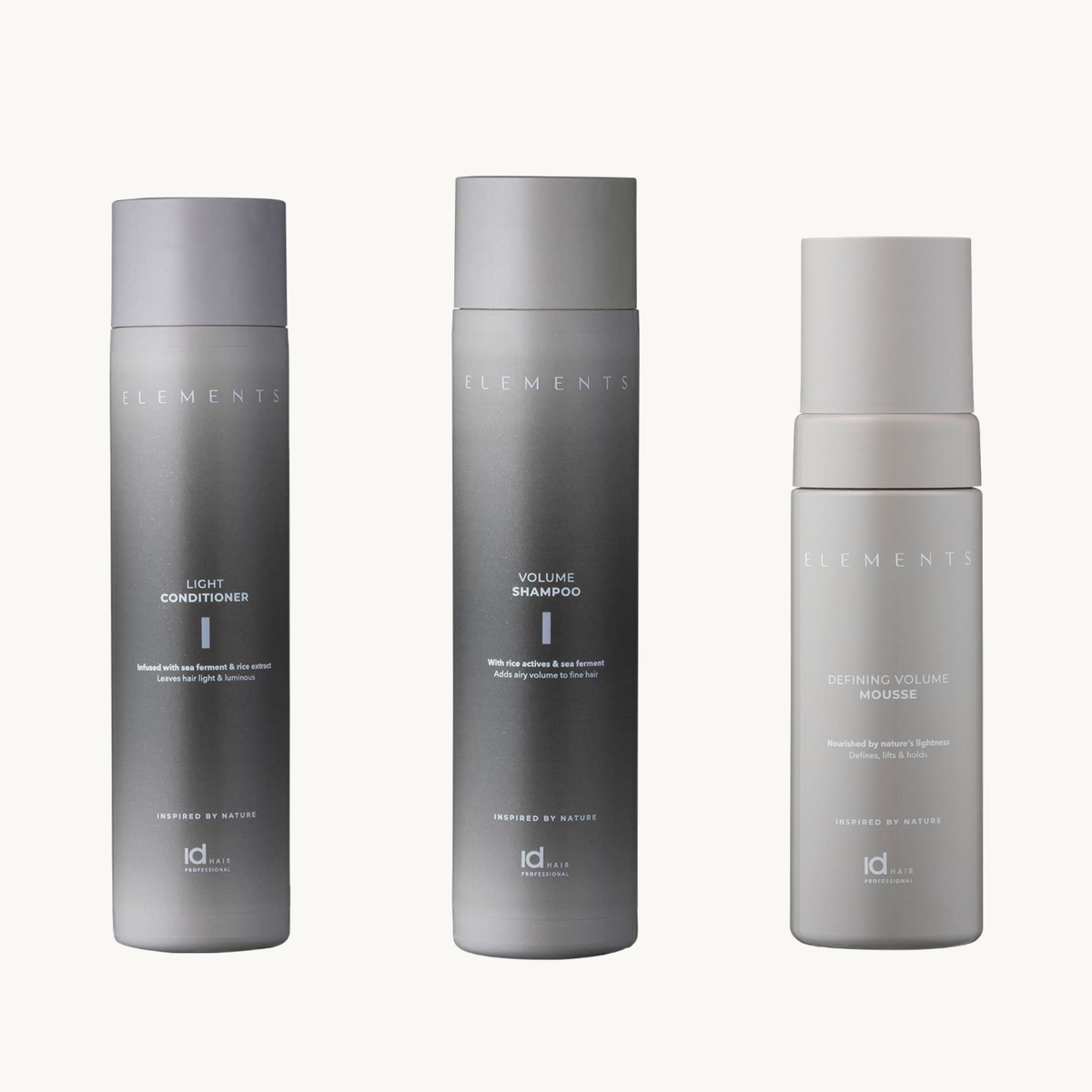 IdHAIR ELEMENTS Volume Rútínan – volume-sjampó, létt hárnæring og volume-mousse
